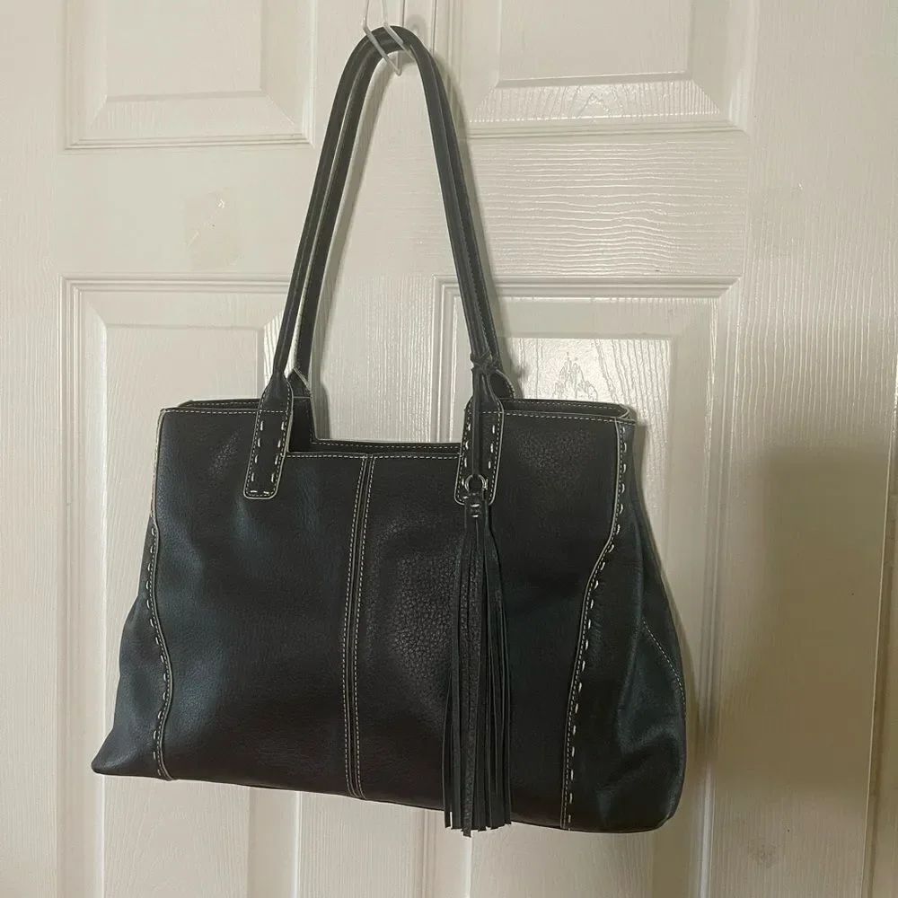 Franklin Covey Black Genuine Leather beige stitch shoulder bag tassel accent